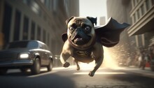 Funny Photo Of French Pug Breed Dog Wearing Superhero Costume Flying In City Through