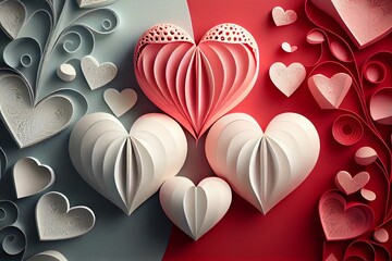 paper hearts valentines day - 3D romantic card. background ( love, valentine ). Generative AI