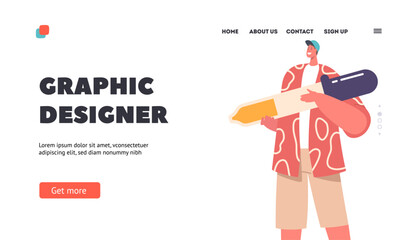 Poster - graphic designer landing page template. man in cap holds large pipette for taking samples and mixing
