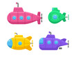 Colorful submarines set with periscope isolated on white background. Underwater ship, bathyscaphe floating under sea water. Deep-sea subs for water transportation. Vector illustration