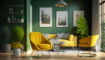 Sticker - Interior of modern living room with yellow armchair and coffee tables