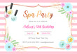 Spa birthday party invitation template. Beautiful pink striped background with golden frame, flowers and sparkling makeup products. Vector illustration 10 EPS.
