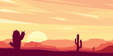 Red Desert Landscape With Cactuses At Sunset
