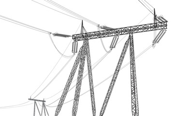 Wall Mural - High voltage transmission systems. Electric pole. Power lines. Energy pylons. Black outlines image. A network of interconnected electrical. Vector design illustration