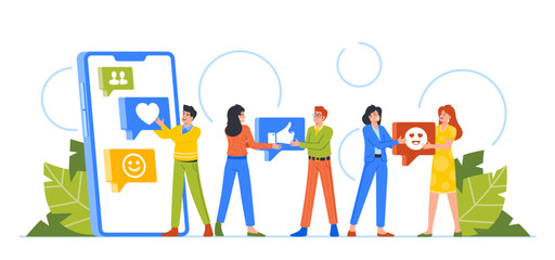 Poster - man and woman characters share likes in social network. use of modern communication devices. cartoon