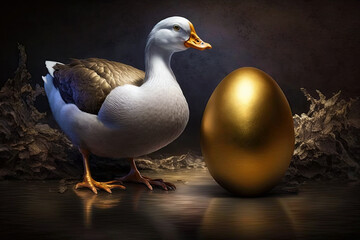 Wall Mural - Goose standing by the golden egg. generative ai. Goose and the golden egg