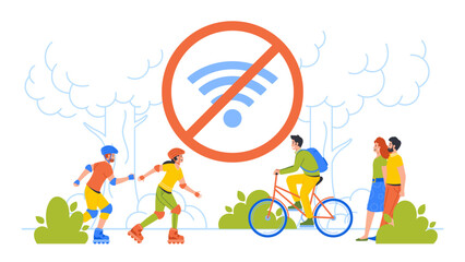 Poster - men and women characters resting in city park free of internet. no wi-fi sign. cartoon people vector