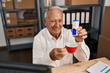 Poster - Senior man ecommerce business worker drinking coffee at office