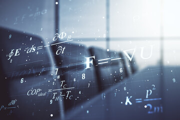 Double exposure of scientific formula hologram on a modern meeting room background, research and development concept