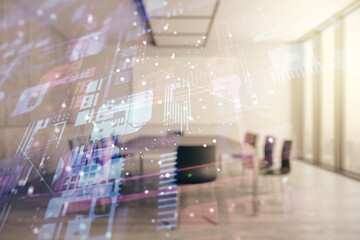 Poster - Multi exposure of abstract software development hologram on a modern meeting room background, research and analytics concept
