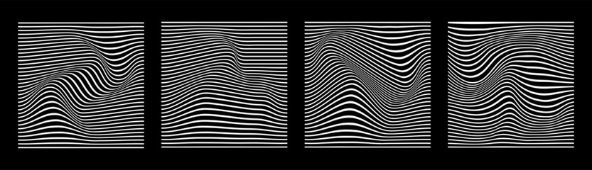 Black and white abstract wave line stripe vector illustration set. Optical art wavy background. Collection of striped lines illusion.