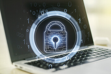 Poster - Creative light lock illustration with microcircuit on modern computer background, cyber security concept. Multiexposure