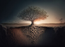 Lonely Tree At Sunrise With Branches In The Air And Roots Underground, Earth Section Concept, Generative AI Illustration