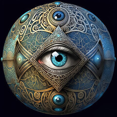 Wall Mural - Eye of God with ornate pattern. Abstract background with whimsical signs and symbols.