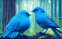 Two Blue Birds And Blue Path In The Jungle. Generative Al Illustration.