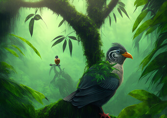 Wall Mural - One green bird on a tree in the morning mist. Generative Al Illustration.