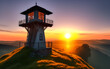 © Radomir Rezny - Lookout tower on the hill and autumn landscape and sunrise.Generative Al Illustration.