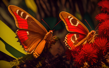 Wall Mural - Beautiful red butterflies in the rainforest.Generative Al Illustration