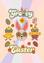 Easter Card With Groovy Rabbit Face And Chicks