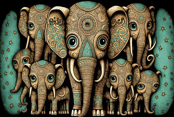 Sticker - Funny background with ornate elephant family, cute pattern, digital illustration.