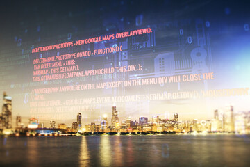 Poster - Multi exposure of abstract creative coding sketch on Chicago city skyline background, artificial intelligence and neural networks concept