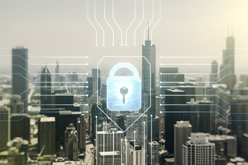 Poster - Double exposure of virtual creative lock hologram with chip on Chicago city skyscrapers background. Information security concept