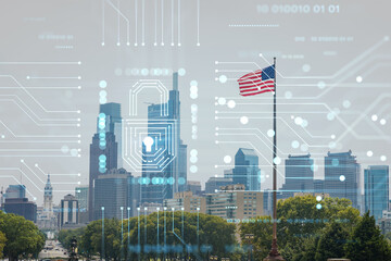 Day time cityscape of Philadelphia financial downtown, Pennsylvania, USA. City Hall neighborhood. Glowing Padlock hologram. The concept of cyber security to protect companies confidential information