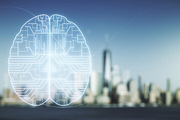 Poster - Double exposure of creative artificial Intelligence interface on blurry cityscape background. Neural networks and machine learning concept