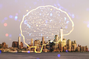 Poster - Double exposure of creative artificial Intelligence interface on New York city skyscrapers background. Neural networks and machine learning concept