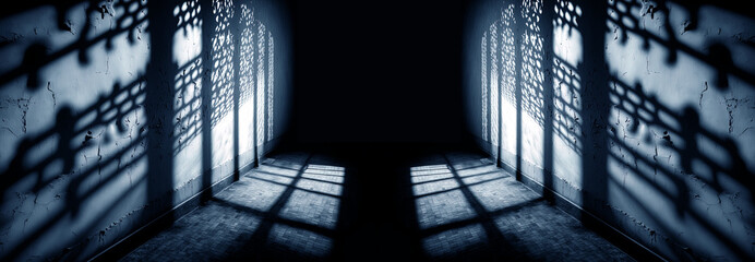 Wall Mural - Empty night dark room and moonlight through the window, dark corridor with sun rays. AI