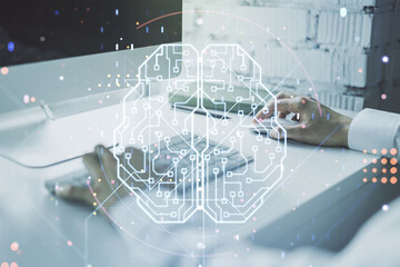 Poster - Double exposure of creative human brain microcircuit with hand typing on computer keyboard on background. Future technology and AI concept