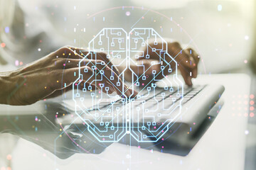Aufkleber - Double exposure of creative artificial Intelligence symbol with hands typing on laptop on background. Neural networks and machine learning concept