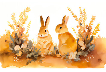 Wall Mural - Watercolor painting of rabbits as illustration of two Easter bunnies hiding in field flowers generative AI art	
