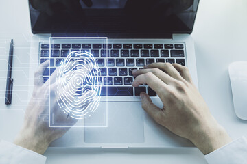 Aufkleber - Multi exposure of abstract creative fingerprint illustration with hands typing on computer keyboard on background, digital access concept