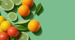 Citruses fruits on Illuminating pastele colored background, summer minimal compositon with orange, lemon. Food concept. Flat lay, top view, copy space. Generative AI