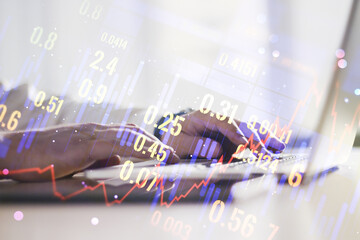 Poster - Double exposure of abstract creative financial chart with hand typing on computer keyboard on background, research and strategy concept