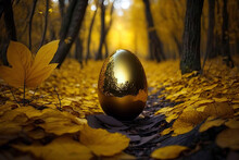Golden Egg In The Moss. Generative Ai. An Abandoned Golden Egg In The Forrest