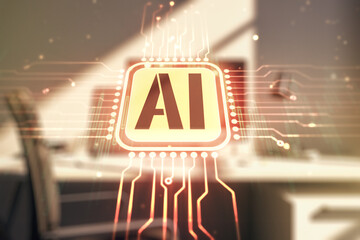 Poster - Creative artificial Intelligence symbol concept and modern desktop with computer on background. Multiexposure