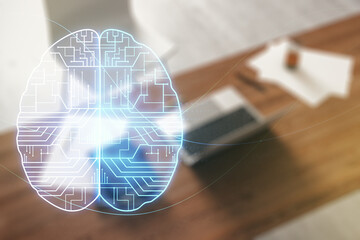 Poster - Double exposure of creative human brain microcircuit and modern desk with computer on background. Future technology and AI concept