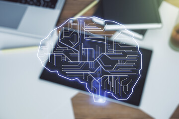 Poster - Double exposure of creative human brain microcircuit and modern digital tablet on background. Future technology and AI concept