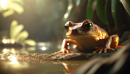 frog on a leaf in an exotic rainforest environment 