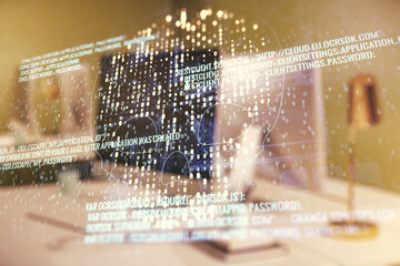 Poster - Creative code skull hologram on modern computer background, cybercrime and hacking concept. Multiexposure