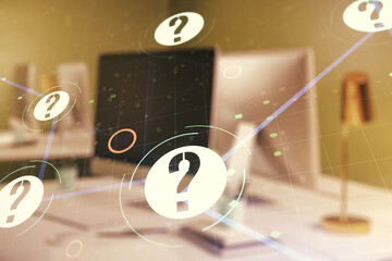 Aufkleber - Creative concept of question mark illustration on modern laptop background. FAQ and search concept. Multiexposure
