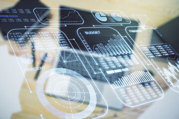 Poster - Double exposure of abstract creative statistics data hologram on laptop background, statistics and analytics concept