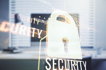 Poster - Creative light lock illustration with microcircuit on modern computer background, cyber security concept. Multiexposure