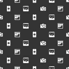 Wall Mural - Set Photo camera, Histogram graph photography, Online play video and Music wave equalizer on seamless pattern. Vector