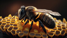 Close Up Of A Bee On Honeycomb With Honey, Realistic Dark Background, Studio, Illustration 3d Digital Design Art Style. Generative Ai