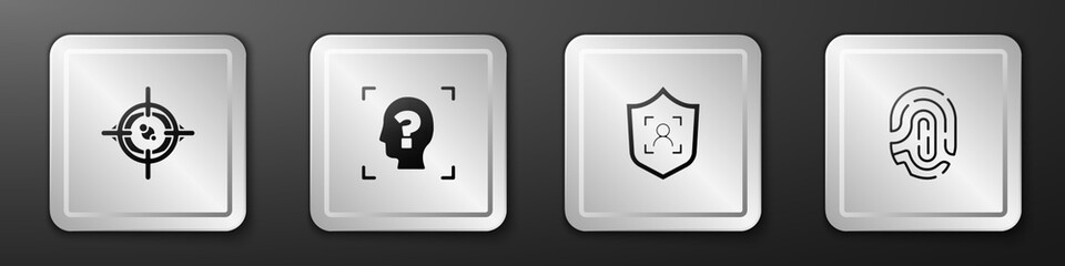 Aufkleber - Set Eye scan, Face recognition, Shield face and Fingerprint icon. Silver square button. Vector
