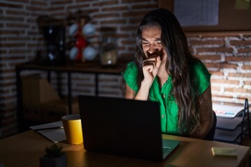 Sticker - Young teenager girl working at the office at night feeling unwell and coughing as symptom for cold or bronchitis. health care concept.