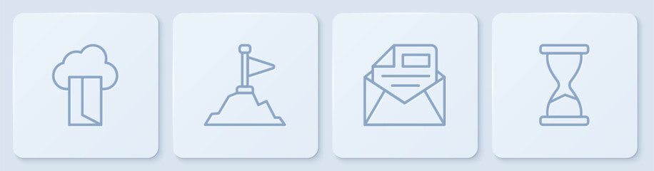 Poster - Set line Cloud database, Mail and e-mail, Mountains with flag on top and Old hourglass. White square button. Vector
